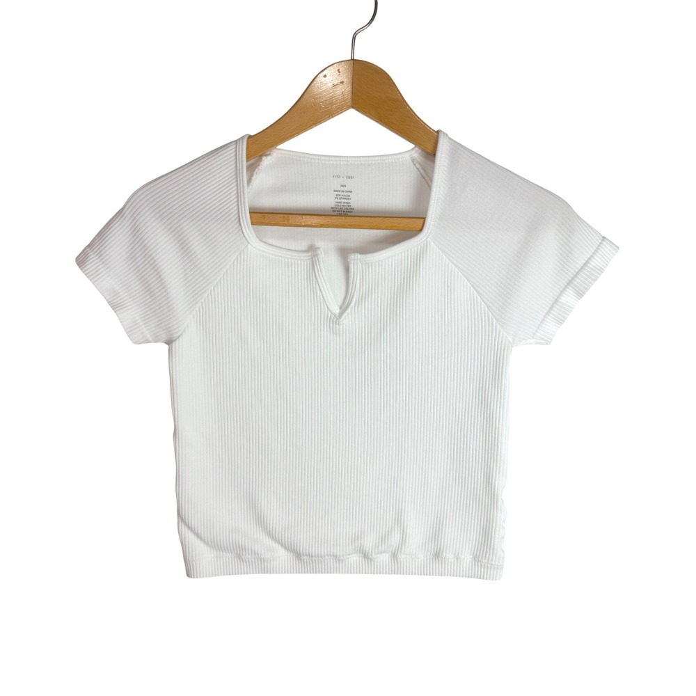 Fitz + Eddi White Ribbed Notch Neck Short Sleeve Top XS/S